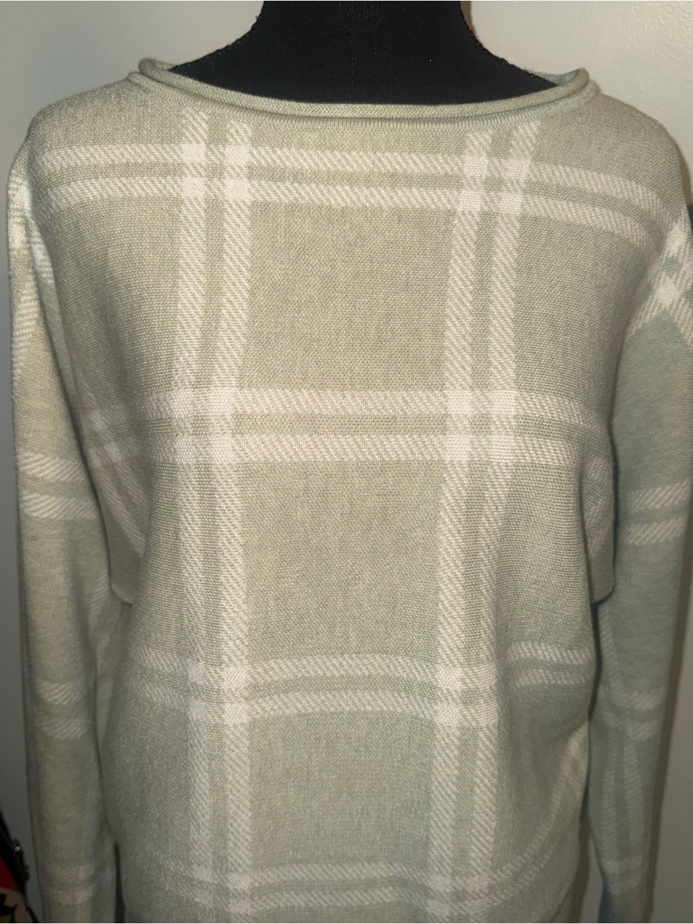 Cynthia Rowley Sage and White Plaid Crewneck Sweater - Picture 3 of 8
